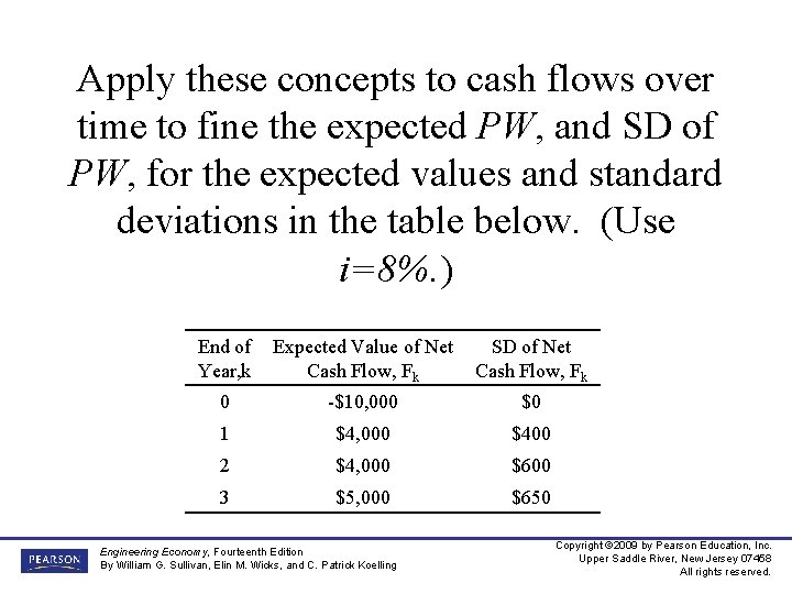 Apply these concepts to cash flows over time to fine the expected PW, and