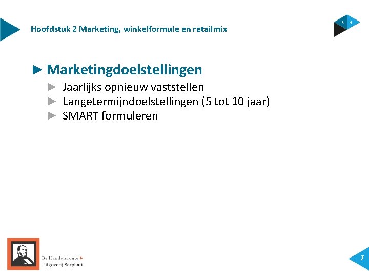 Hoofdstuk 2 Marketing, winkelformule en retailmix ► Marketingdoelstellingen ► Jaarlijks opnieuw vaststellen ► Langetermijndoelstellingen