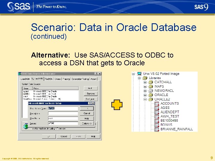 Scenario: Data in Oracle Database (continued) Alternative: Use SAS/ACCESS to ODBC to access a
