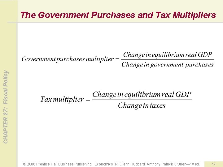 CHAPTER 27: Fiscal Policy The Government Purchases and Tax Multipliers © 2006 Prentice Hall