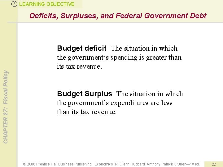 5 LEARNING OBJECTIVE Deficits, Surpluses, and Federal Government Debt CHAPTER 27: Fiscal Policy Budget