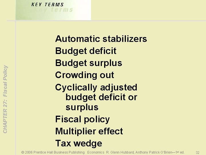 CHAPTER 27: Fiscal Policy Automatic stabilizers Budget deficit Budget surplus Crowding out Cyclically adjusted