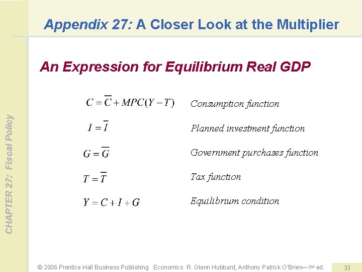 Appendix 27: A Closer Look at the Multiplier An Expression for Equilibrium Real GDP