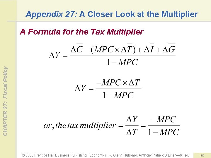 Appendix 27: A Closer Look at the Multiplier CHAPTER 27: Fiscal Policy A Formula