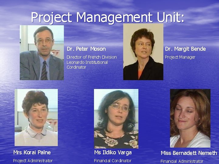 Project Management Unit: Dr. Peter Moson Dr. Margit Bende Director of French Division Leonardo