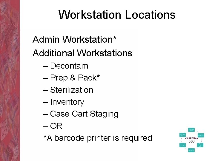 Workstation Locations Admin Workstation* Additional Workstations – Decontam – Prep & Pack* – Sterilization