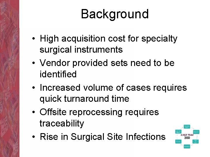 Background • High acquisition cost for specialty surgical instruments • Vendor provided sets need