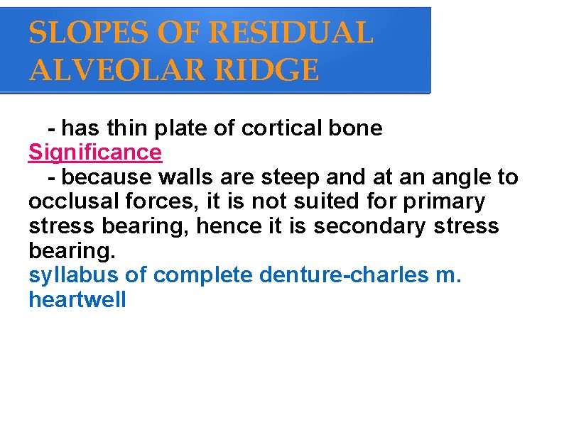 SLOPES OF RESIDUAL ALVEOLAR RIDGE - has thin plate of cortical bone Significance -