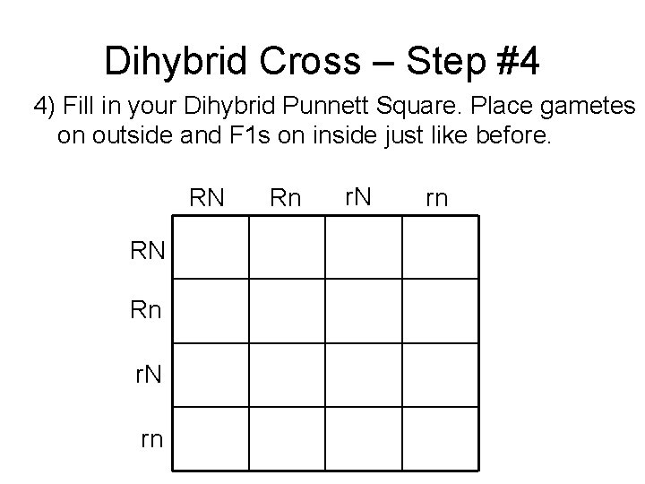 Dihybrid Cross – Step #4 4) Fill in your Dihybrid Punnett Square. Place gametes