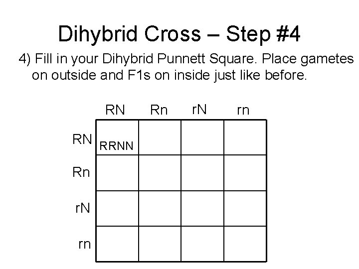 Dihybrid Cross – Step #4 4) Fill in your Dihybrid Punnett Square. Place gametes