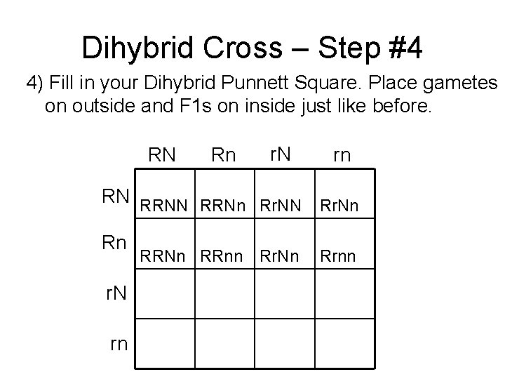 Dihybrid Cross – Step #4 4) Fill in your Dihybrid Punnett Square. Place gametes
