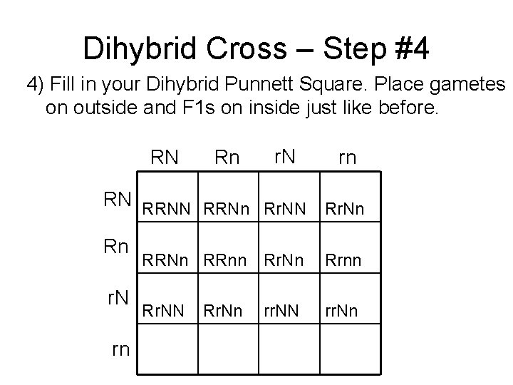 Dihybrid Cross – Step #4 4) Fill in your Dihybrid Punnett Square. Place gametes