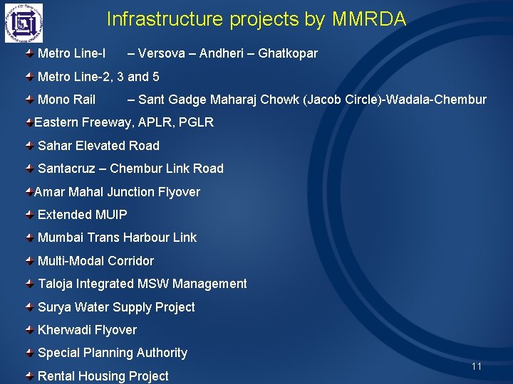 Infrastructure projects by MMRDA Metro Line-I – Versova – Andheri – Ghatkopar Metro Line-2,