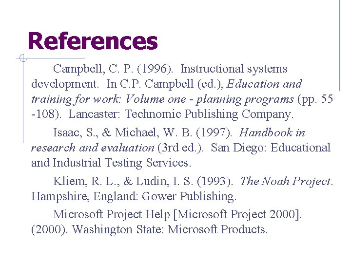 References Campbell, C. P. (1996). Instructional systems development. In C. P. Campbell (ed. ),