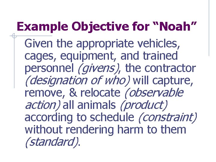 Example Objective for “Noah” Given the appropriate vehicles, cages, equipment, and trained personnel (givens),