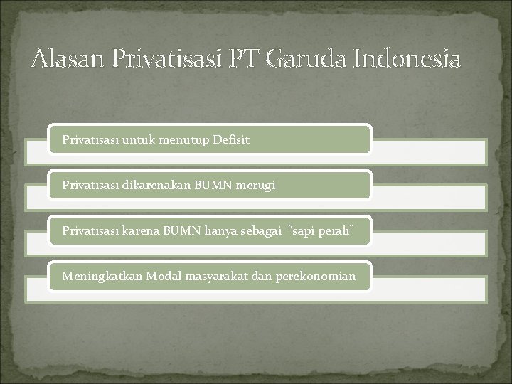 Alasan Privatisasi PT Garuda Indonesia Privatisasi untuk menutup Defisit Privatisasi dikarenakan BUMN merugi Privatisasi