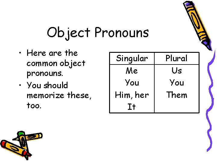 Object Pronouns • Here are the common object pronouns. • You should memorize these,