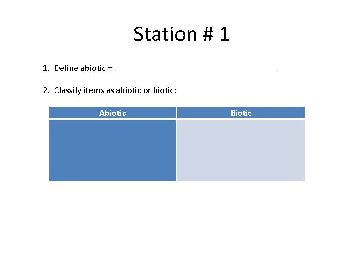 Station # 1 1. Define abiotic = __________________ 2. Classify items as abiotic or