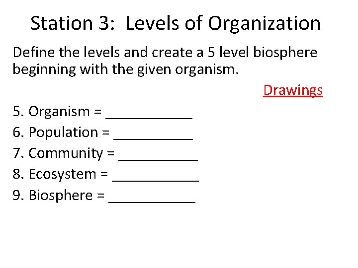 Station 3: Levels of Organization Define the levels and create a 5 level biosphere