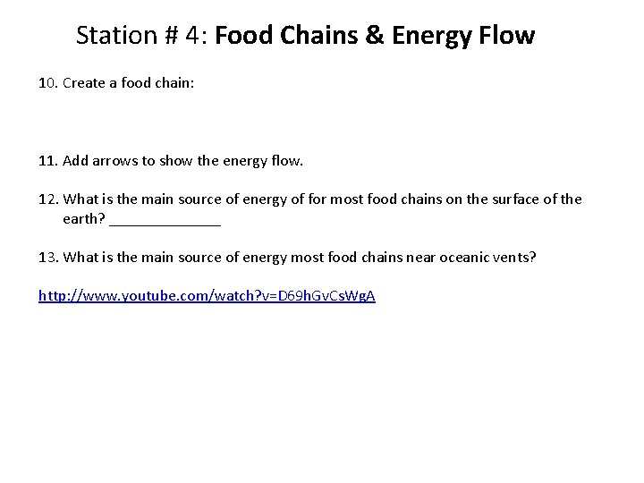 Station # 4: Food Chains & Energy Flow 10. Create a food chain: 11.