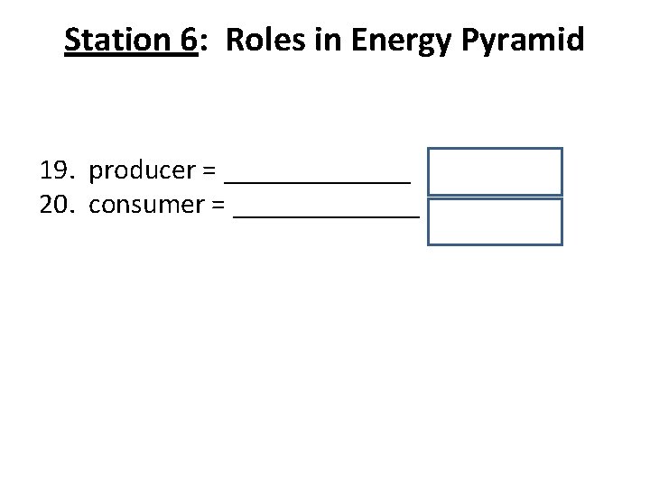Station 6: Roles in Energy Pyramid 19. producer = _______ 20. consumer = _______