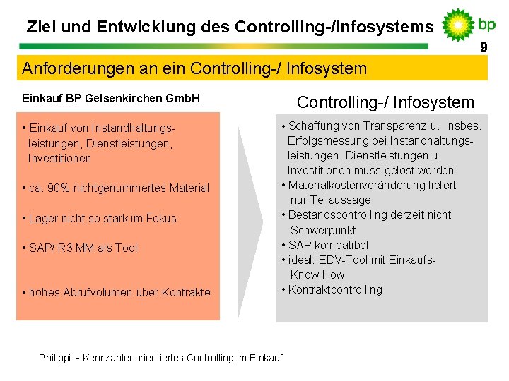 Ziel und Entwicklung des Controlling-/Infosystems 9 9 Anforderungen an ein Controlling-/ Infosystem Einkauf BP