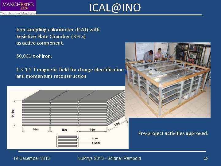 ICAL@INO Iron sampling calorimeter (ICAL) with Resistive Plate Chamber (RPCs) as active component. 50,