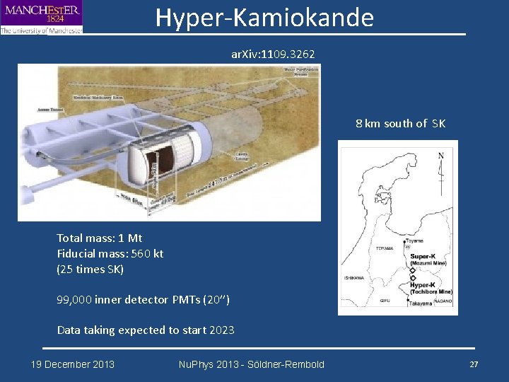 Hyper-Kamiokande ar. Xiv: 1109. 3262 8 km south of SK Total mass: 1 Mt