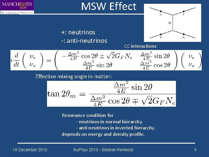 MSW Effect +: neutrinos -: anti-neutrinos CC interactions Effective mixing angle in matter: Resonance