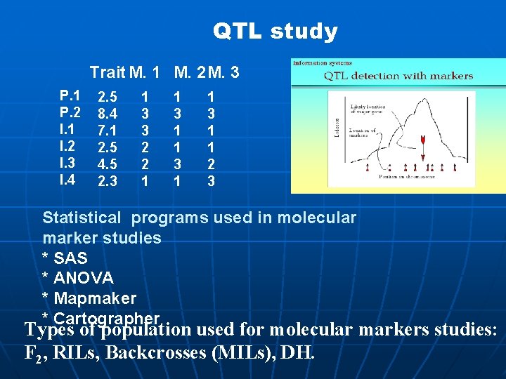 QTL study Trait M. 1 M. 2 M. 3 P. 1 P. 2 I.