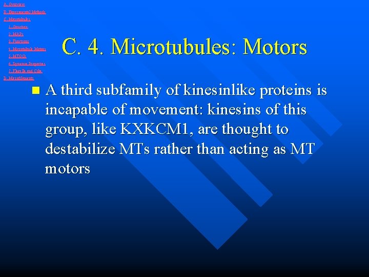 A. Overview B. Experimental Methods C. Microtubules 1. Structure 2. MAPs 3. Functions 4.