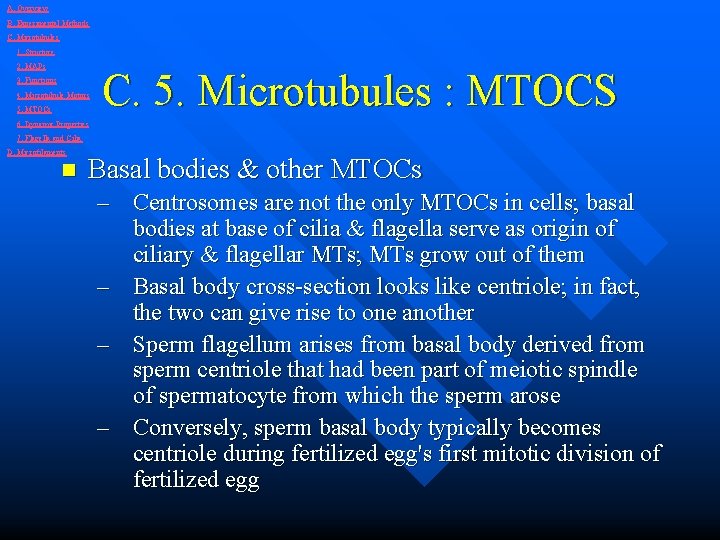 A. Overview B. Experimental Methods C. Microtubules 1. Structure 2. MAPs 3. Functions 4.