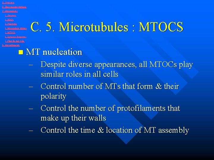 A. Overview B. Experimental Methods C. Microtubules 1. Structure 2. MAPs 3. Functions 4.