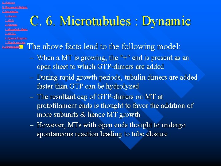 A. Overview B. Experimental Methods C. Microtubules 1. Structure 2. MAPs 3. Functions 4.