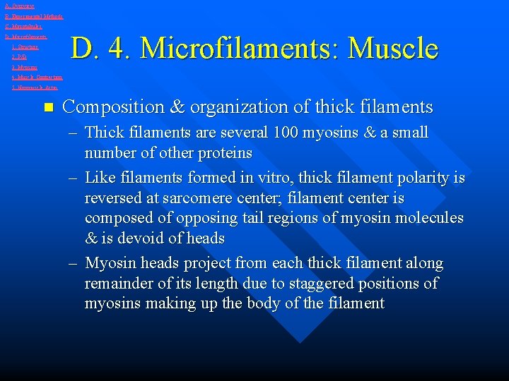 A. Overview B. Experimental Methods C. Microtubules D. 4. Microfilaments: Muscle D. Microfilaments 1.