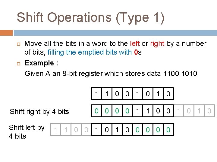 Shift Operations (Type 1) Move all the bits in a word to the left