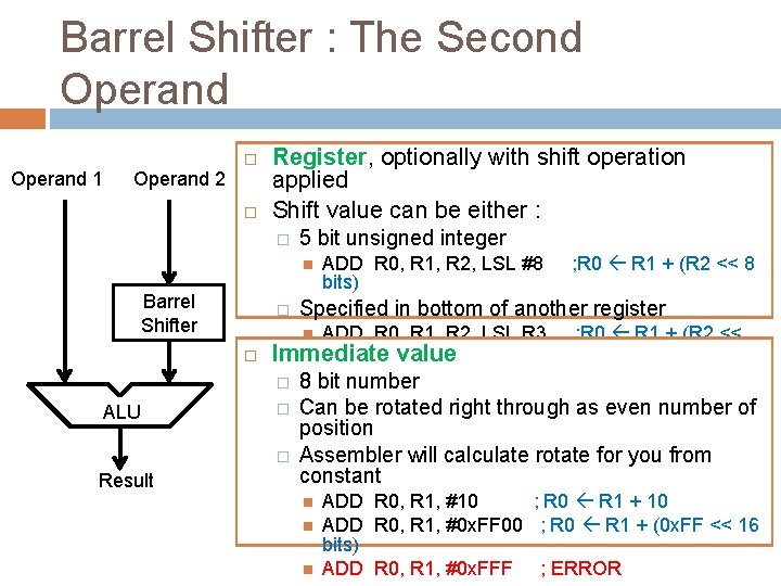 Barrel Shifter : The Second Operand 1 Operand 2 Register, optionally with shift operation