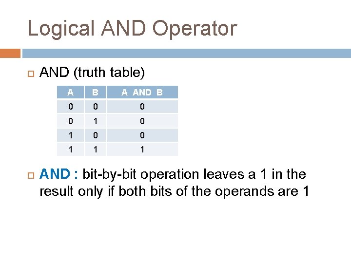 Logical AND Operator AND (truth table) A B A AND B 0 0 1