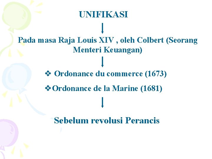 UNIFIKASI Pada masa Raja Louis XIV , oleh Colbert (Seorang Menteri Keuangan) v Ordonance