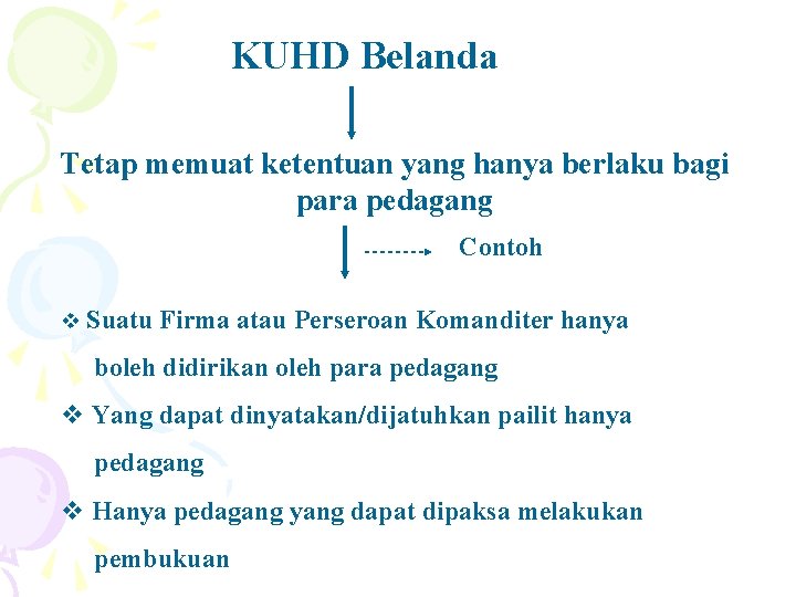 KUHD Belanda Tetap memuat ketentuan yang hanya berlaku bagi para pedagang Contoh v Suatu