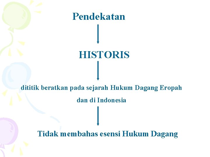 Pendekatan HISTORIS dititik beratkan pada sejarah Hukum Dagang Eropah dan di Indonesia Tidak membahas