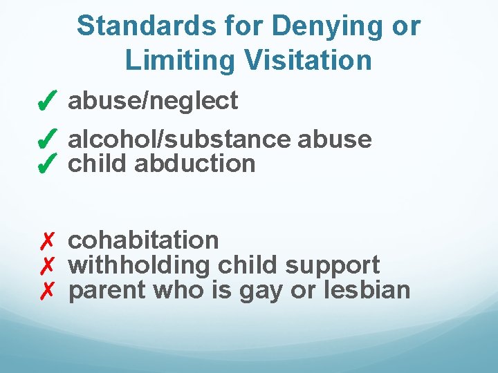 Standards for Denying or Limiting Visitation ✓ abuse/neglect ✓ alcohol/substance abuse ✓ child abduction