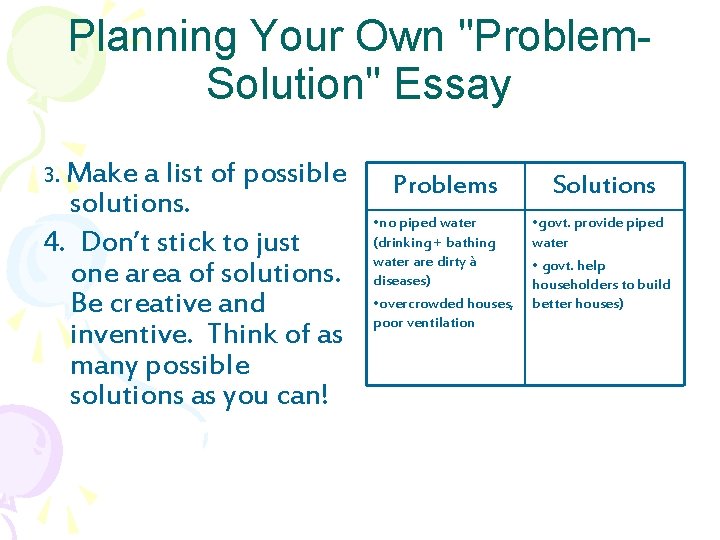 Planning Your Own "Problem. Solution" Essay 3. Make a list of possible solutions. 4.