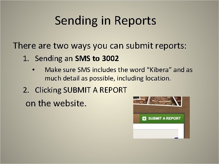 Sending in Reports There are two ways you can submit reports: 1. Sending an