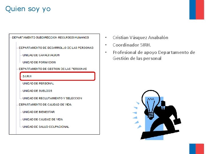 Quien soy yo • • • Cristian Vásquez Anabalón Coordinador SIRH. Profesional de apoyo