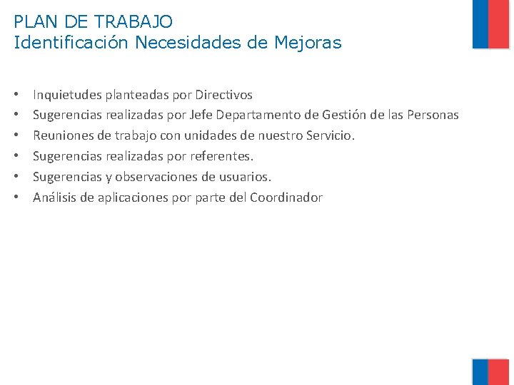 PLAN DE TRABAJO Identificación Necesidades de Mejoras • • • Inquietudes planteadas por Directivos