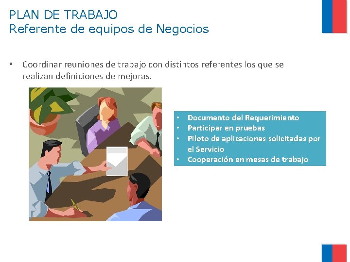 PLAN DE TRABAJO Referente de equipos de Negocios • Coordinar reuniones de trabajo con