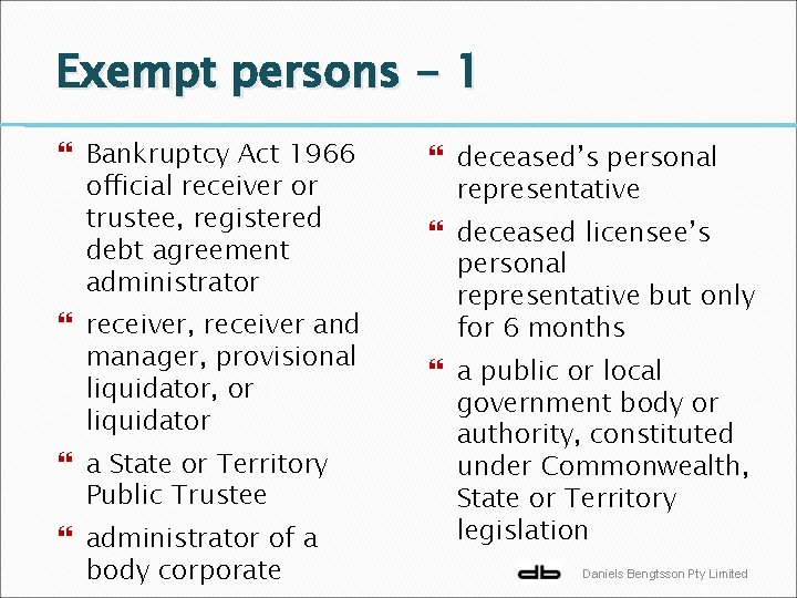 Exempt persons - 1 Bankruptcy Act 1966 official receiver or trustee, registered debt agreement