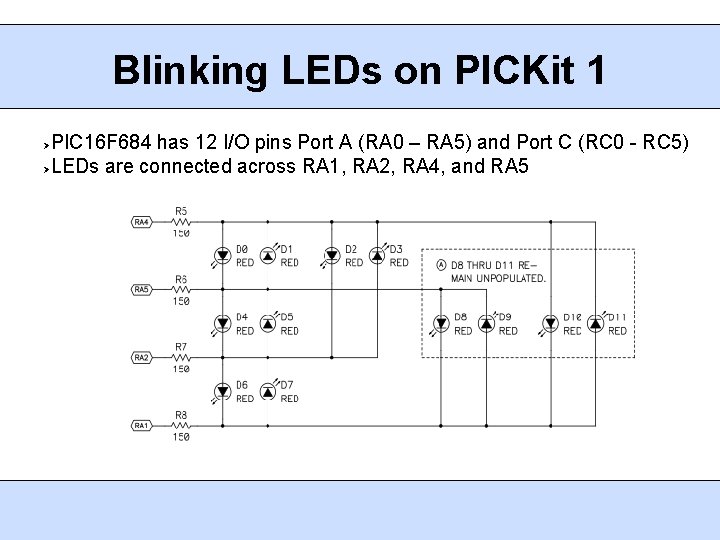 Blinking LEDs on PICKit 1 PIC 16 F 684 has 12 I/O pins Port