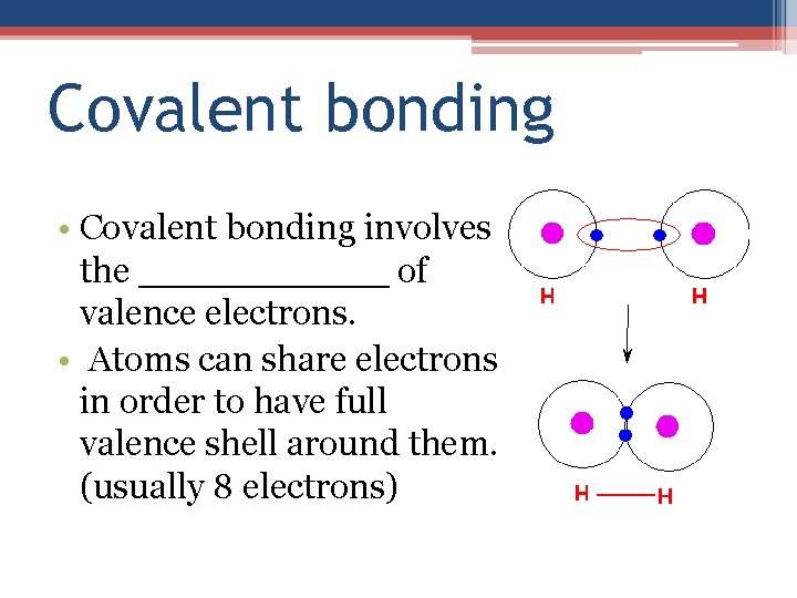 Covalent bonding • Covalent bonding involves the ______ of valence electrons. • Atoms can